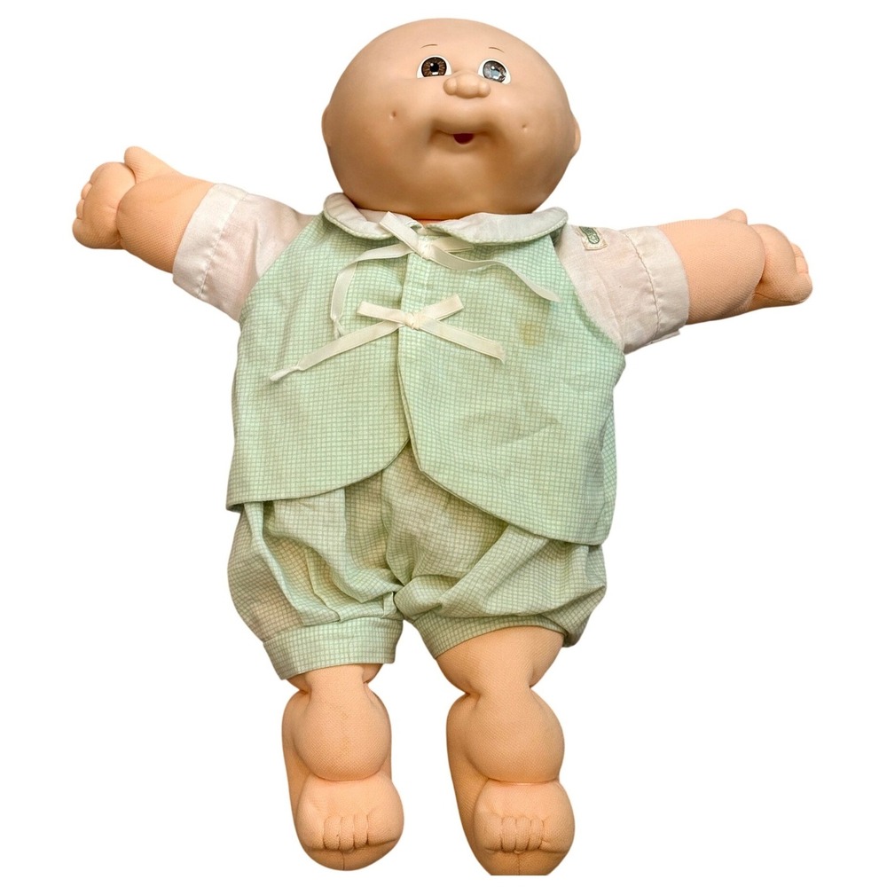 Vintage Cabbage Patch Kids Doll Bald Brown Eyes Green Gingham Outfit 16in 1980s